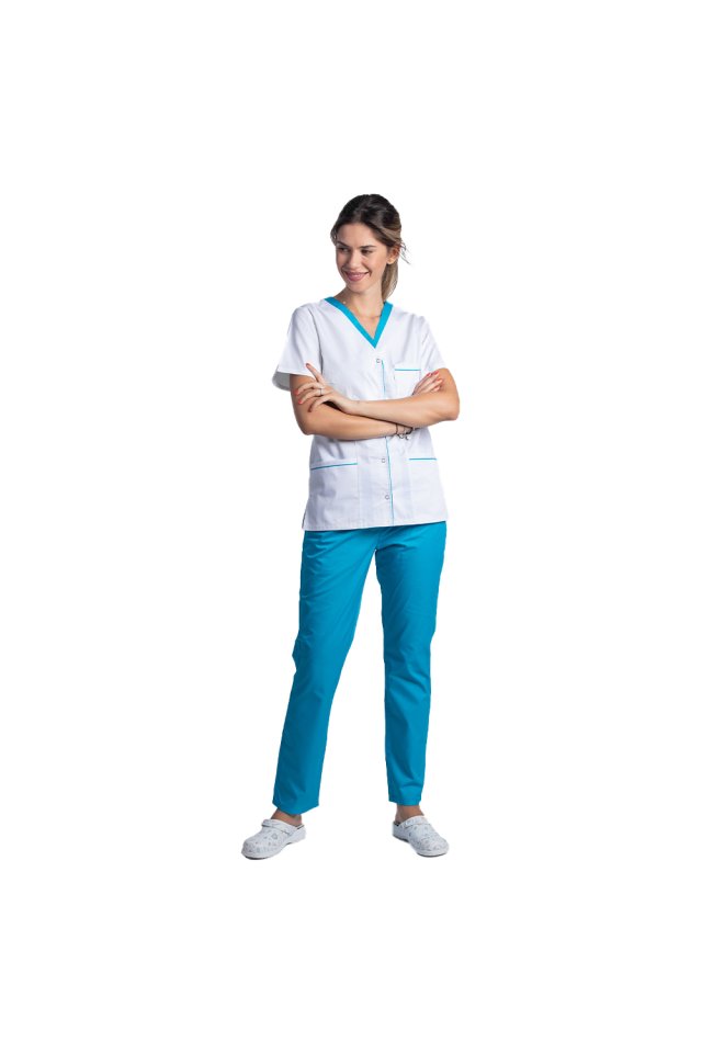 Medicinski kombinezon z elastanom, sestavljen iz bele bluze s turkiznim robom in turkiznih hlač z elastiko