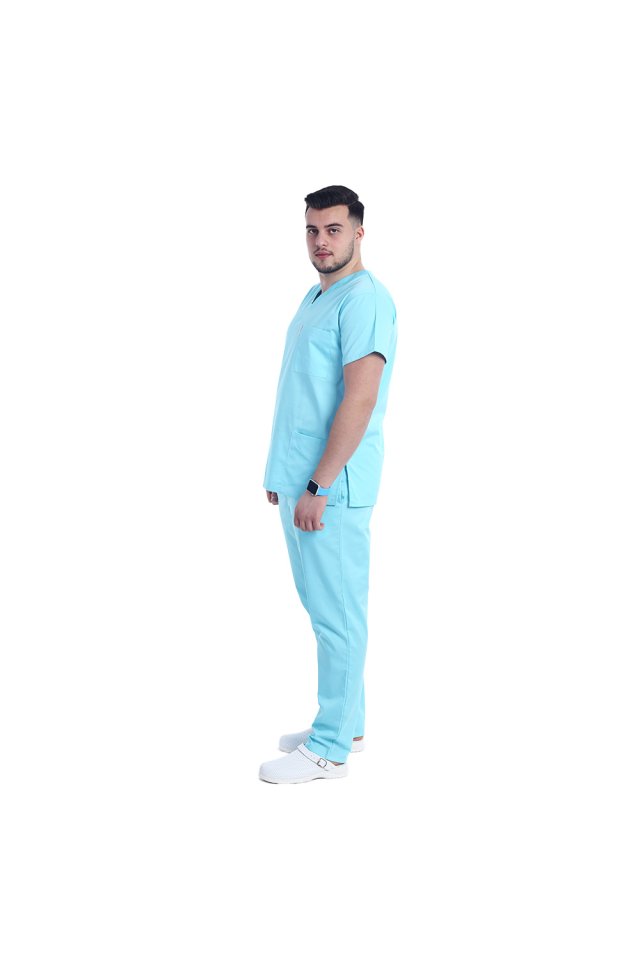 Moški medicinski kombinezon barve mint z elastanom, bluzo z V-izrezom in hlačami z vrvico za zategovanje