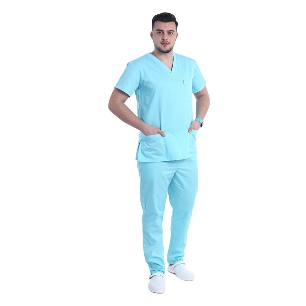 Moški medicinski kombinezon barve mint z elastanom, bluzo z V-izrezom in hlačami z vrvico za zategovanje