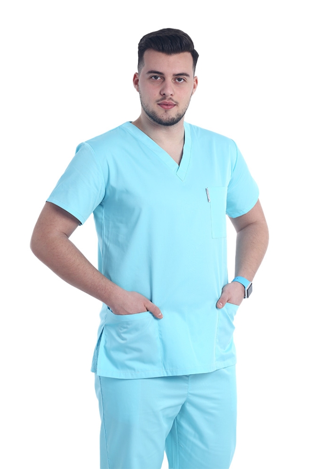 Moški medicinski kombinezon barve mint z elastanom, bluzo z V-izrezom in hlačami z vrvico za zategovanje