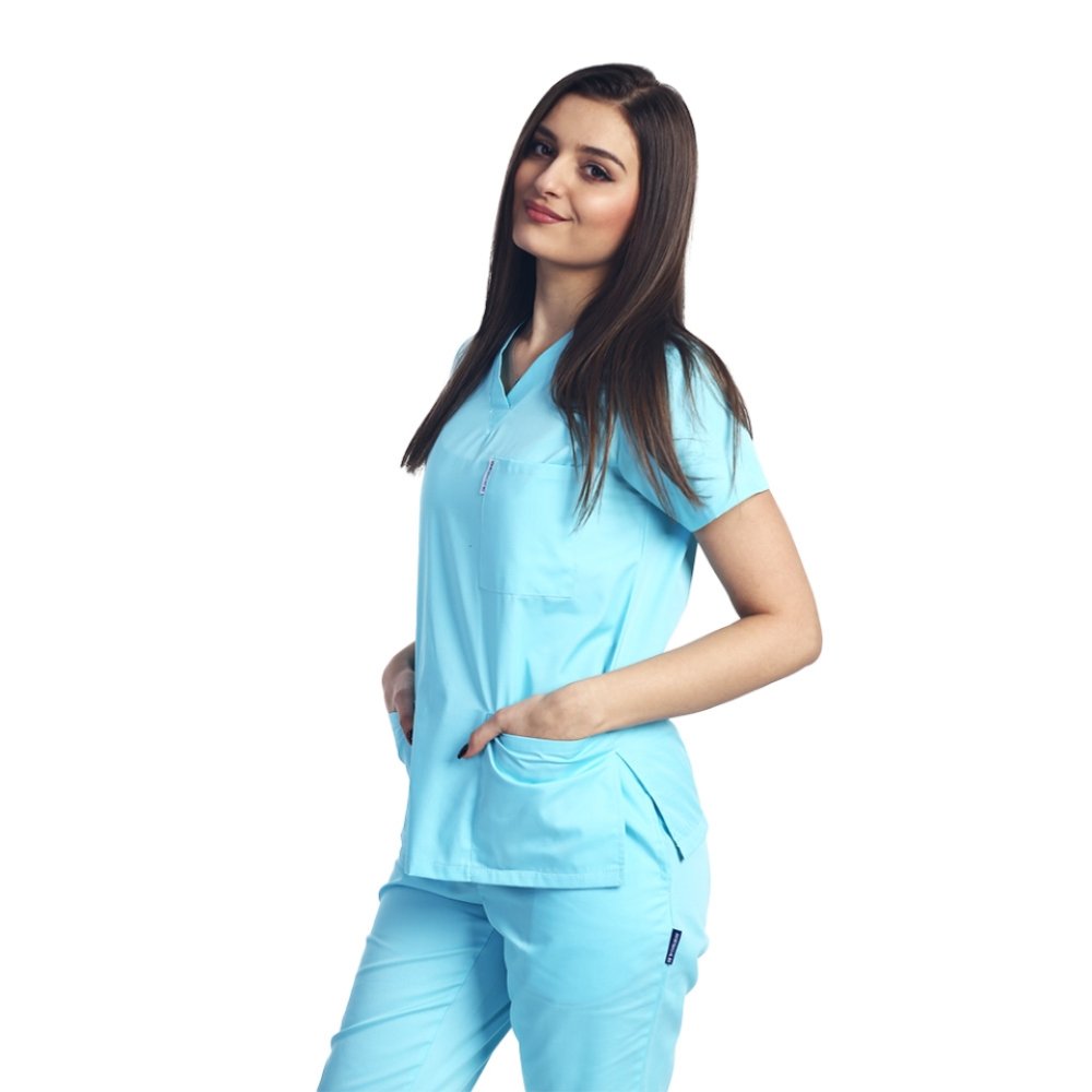 Medicinski kombinezon v barvi mete z elastanom, ženski, bluza s sidrom v obliki črke V in hlače z vrvico za zategovanje