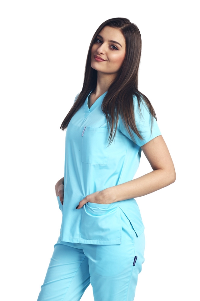 Medicinski kombinezon v barvi mete z elastanom, ženski, bluza s sidrom v obliki črke V in hlače z vrvico za zategovanje