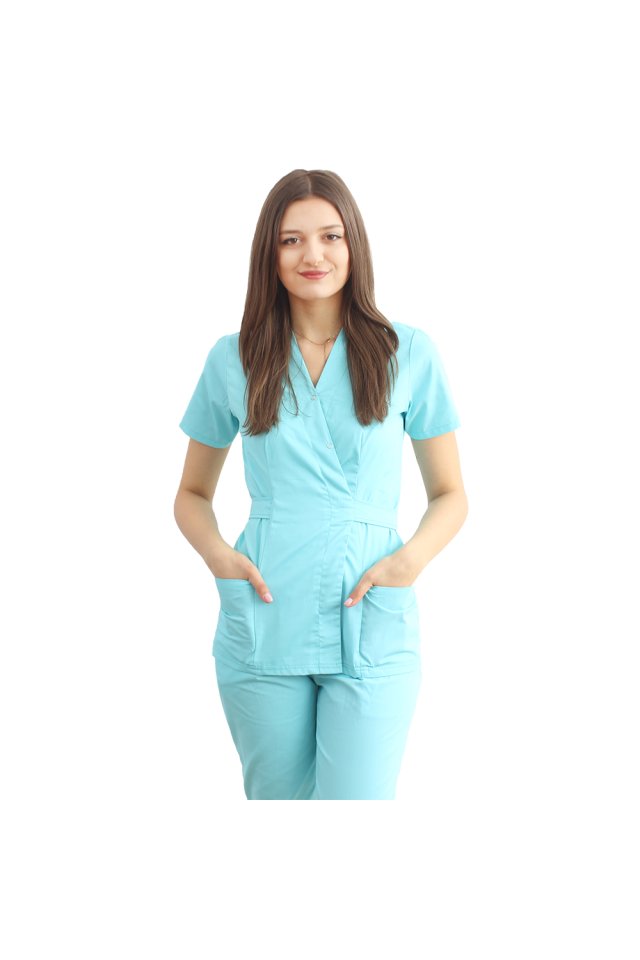 Medicinska halja kimono v barvi mete, z elastanom in dvema našitima žepoma