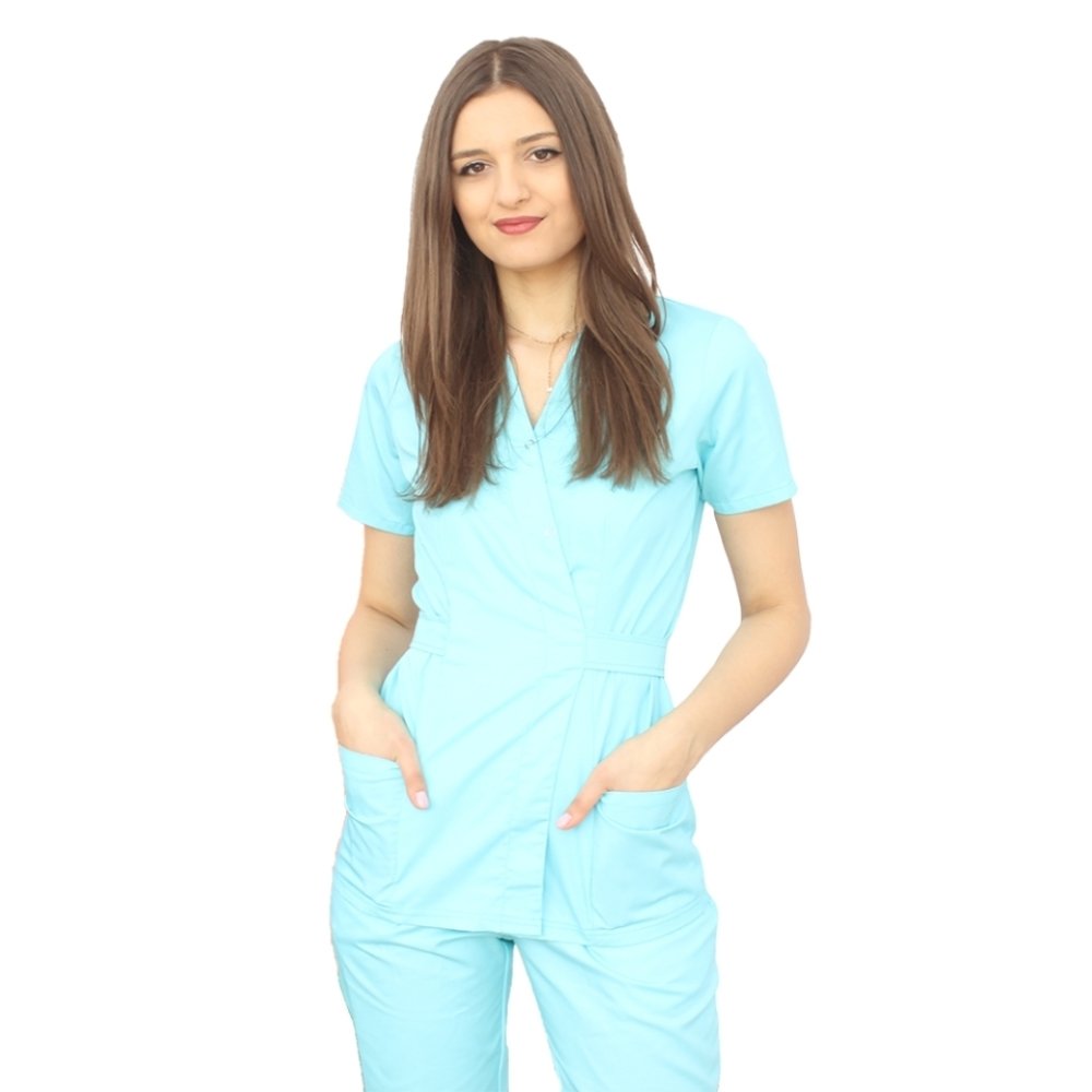 Medicinska halja kimono v barvi mete, z elastanom in dvema našitima žepoma