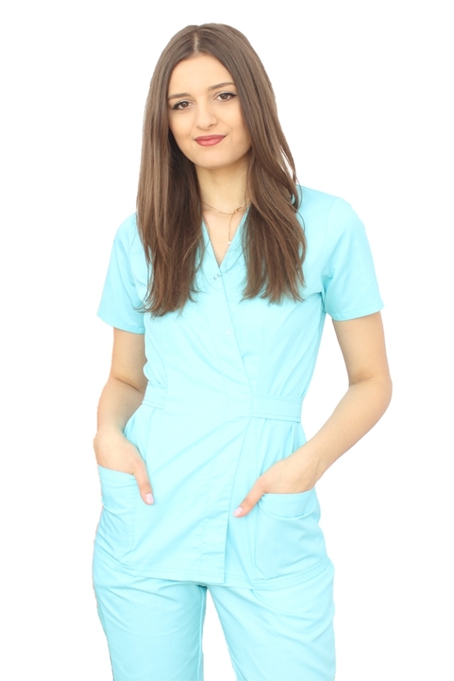 Medicinska halja kimono v barvi mete, z elastanom in dvema našitima žepoma