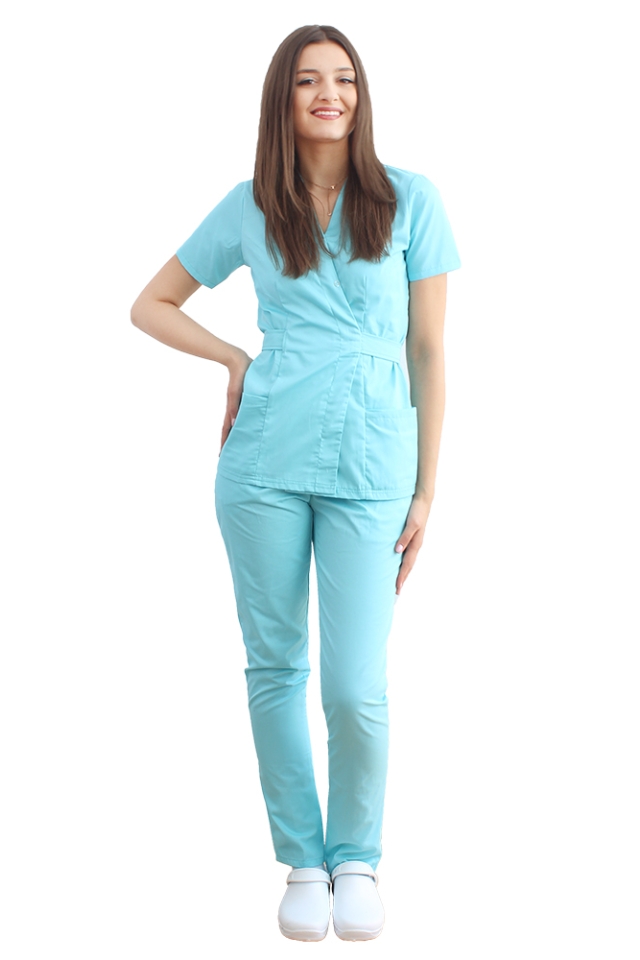 Medicinska halja kimono v barvi mete, z elastanom in dvema našitima žepoma
