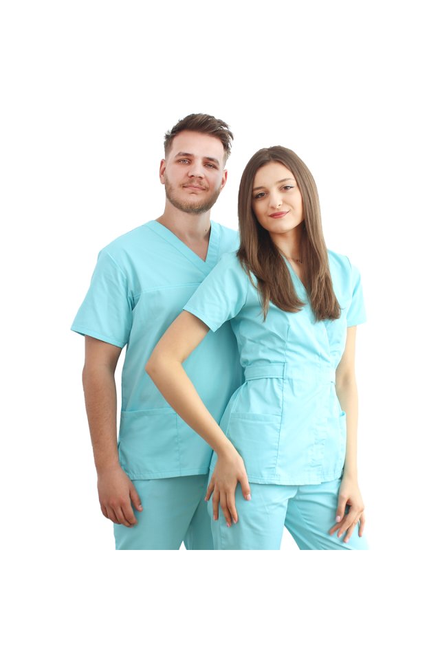 Medicinska halja kimono v barvi mete, z elastanom in dvema našitima žepoma