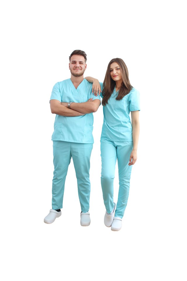 Medicinska halja kimono v barvi mete, z elastanom in dvema našitima žepoma