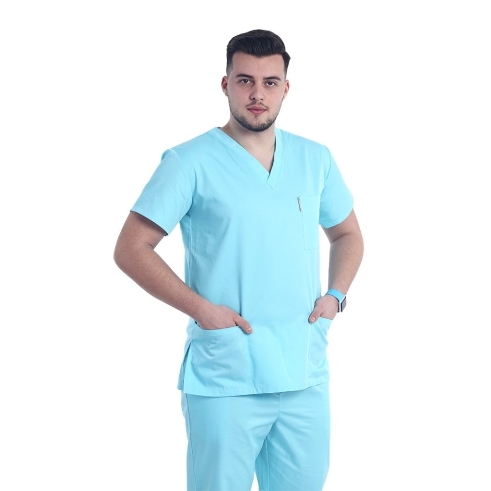 Moška medicinska halja barve mint z elastanom, V-izrezom in tremi našitimi žepi