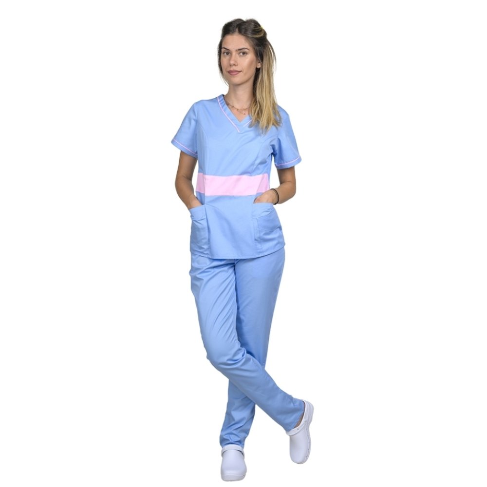 Medicinska obleka modra z bledo roza, model Sofia