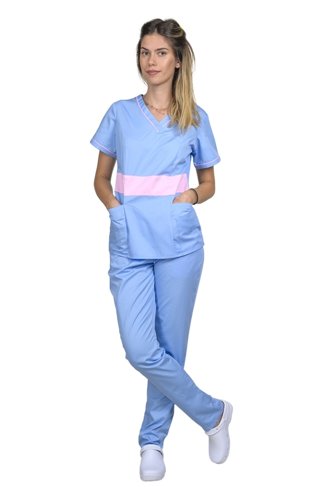 Medicinska obleka modra z bledo roza, model Sofia