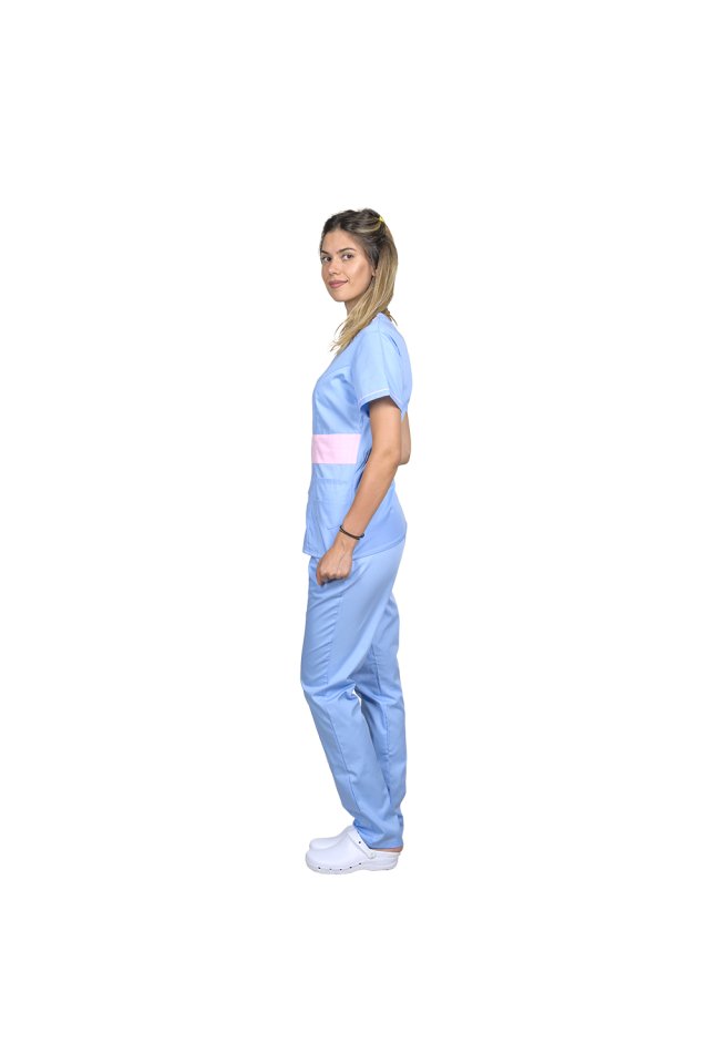 Medicinska obleka modra z bledo roza, model Sofia