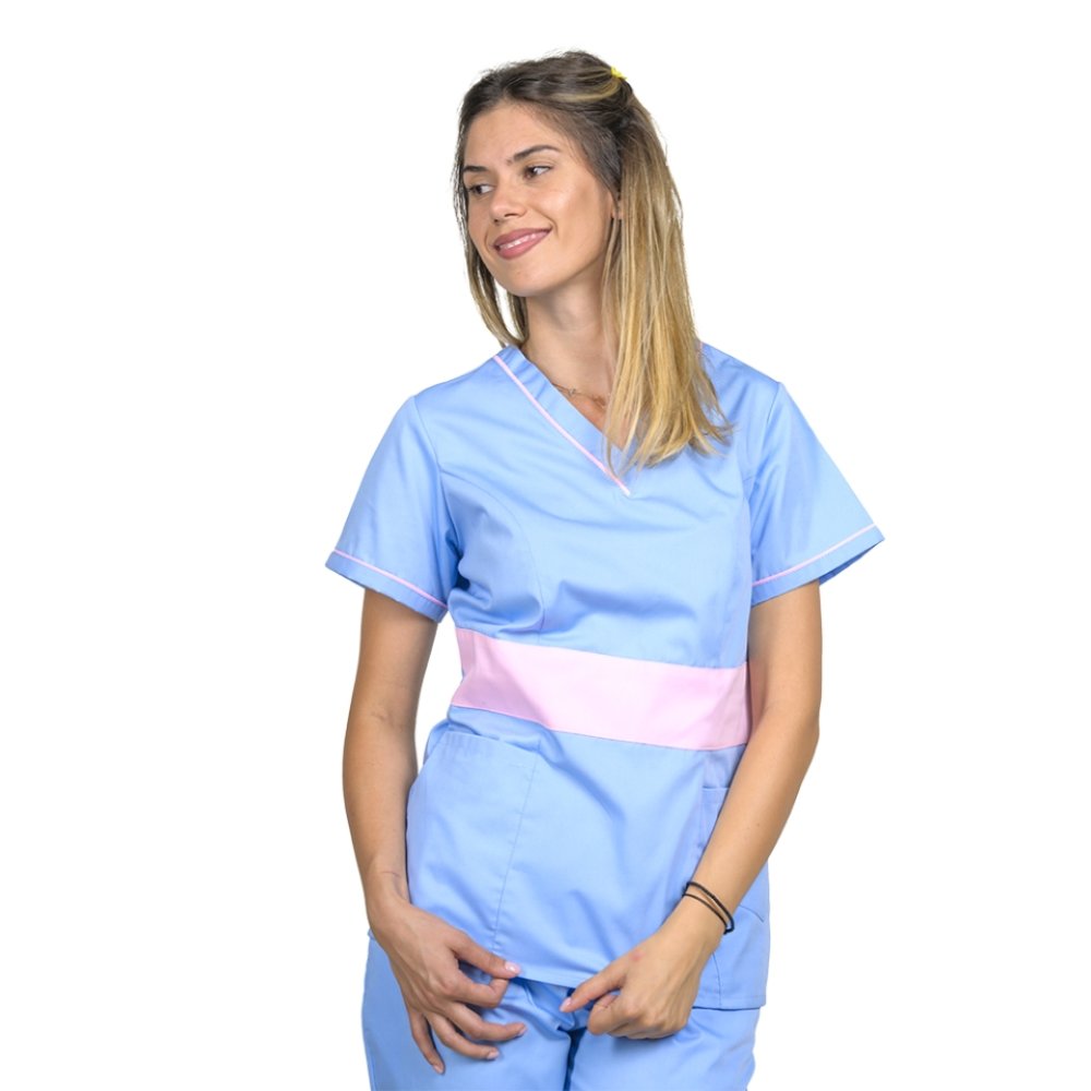 Medicinska obleka modra z bledo roza, model Sofia