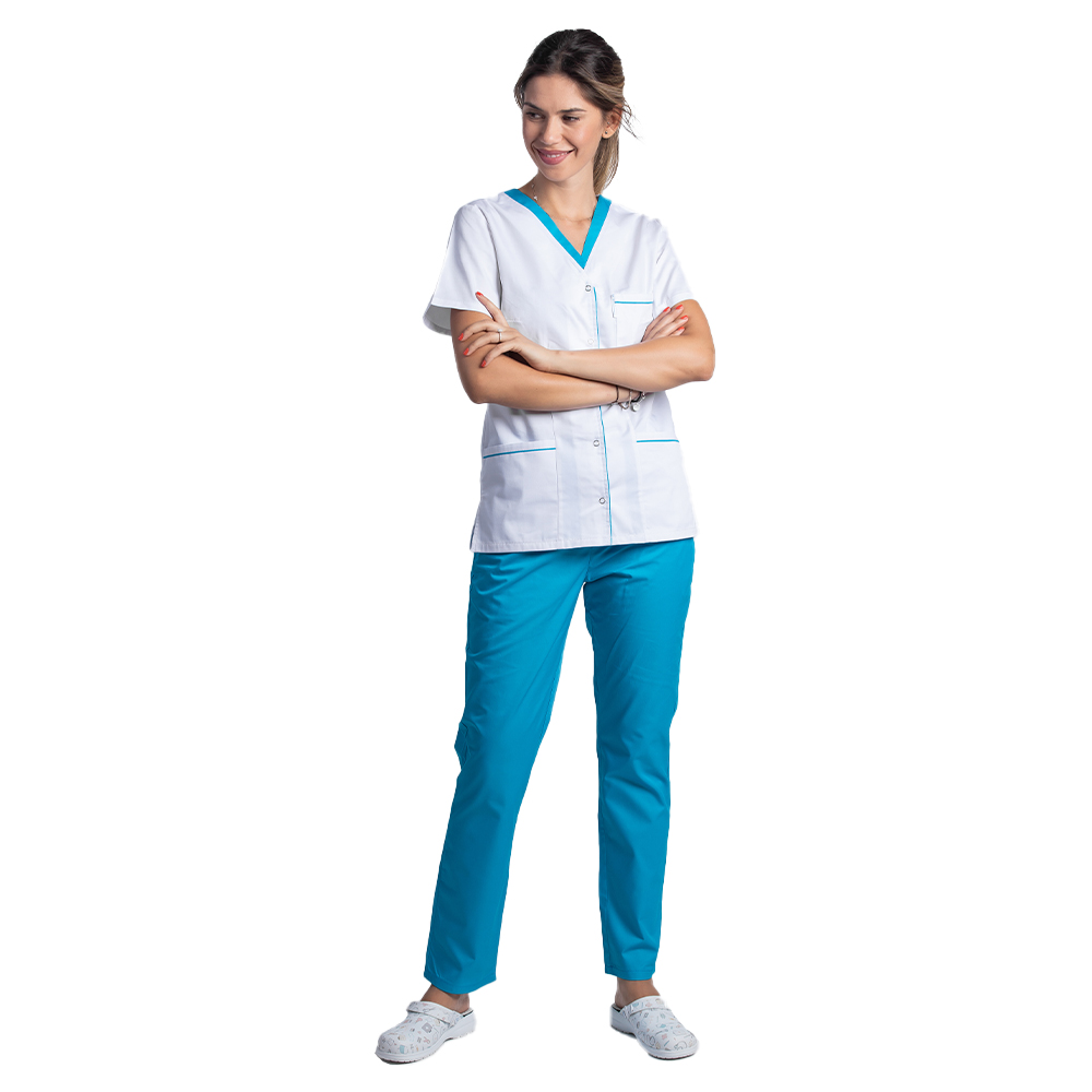 Bela elastanska medicinska halja s turkizno obrobo, gumbi in tremi našitimi žepi