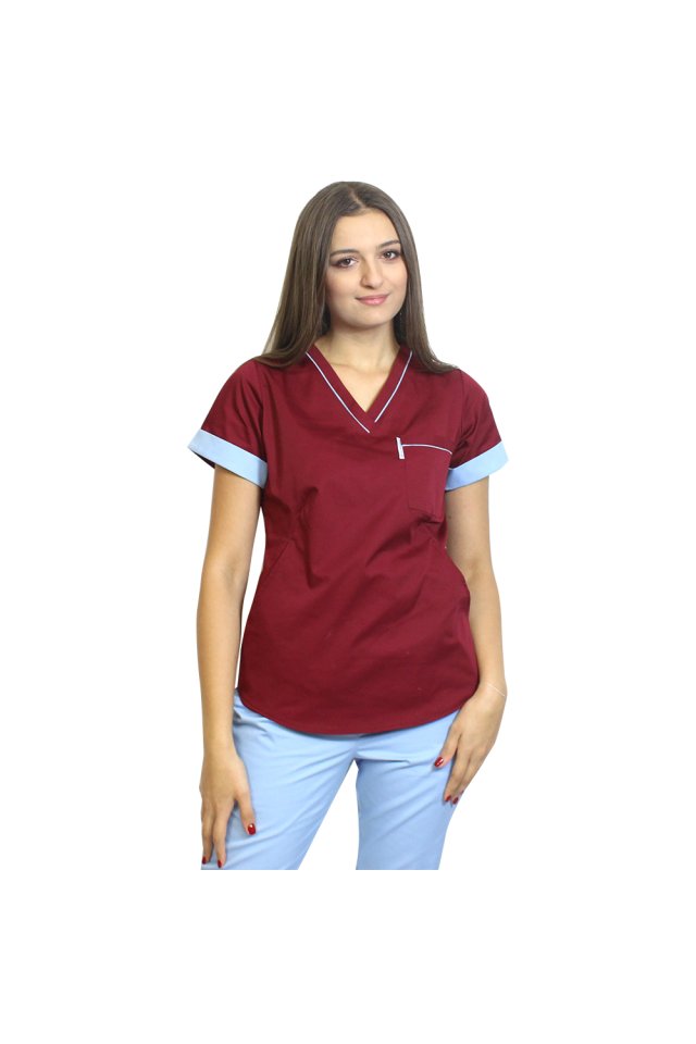 Medicinski kombinezon, sestavljen iz sive bluze z modrimi robovi in hlač, model Amani