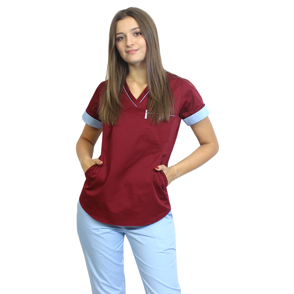 Medicinski kombinezon, sestavljen iz sive bluze z modrimi robovi in hlač, model Amani