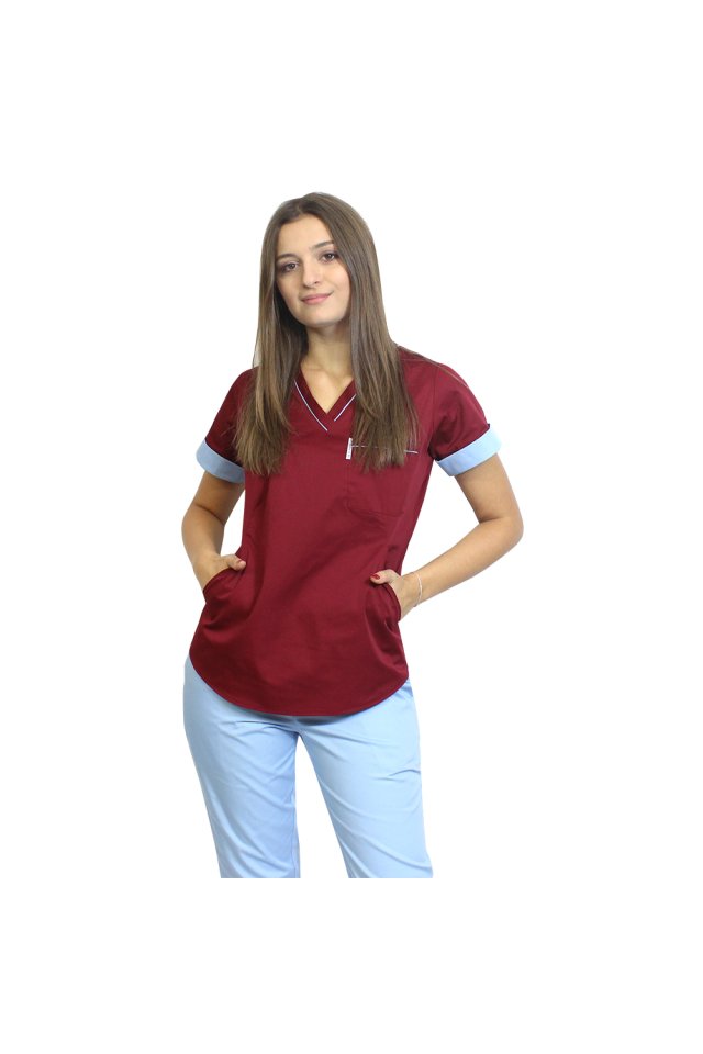 Medicinski kombinezon, sestavljen iz sive bluze z modrimi robovi in hlač, model Amani