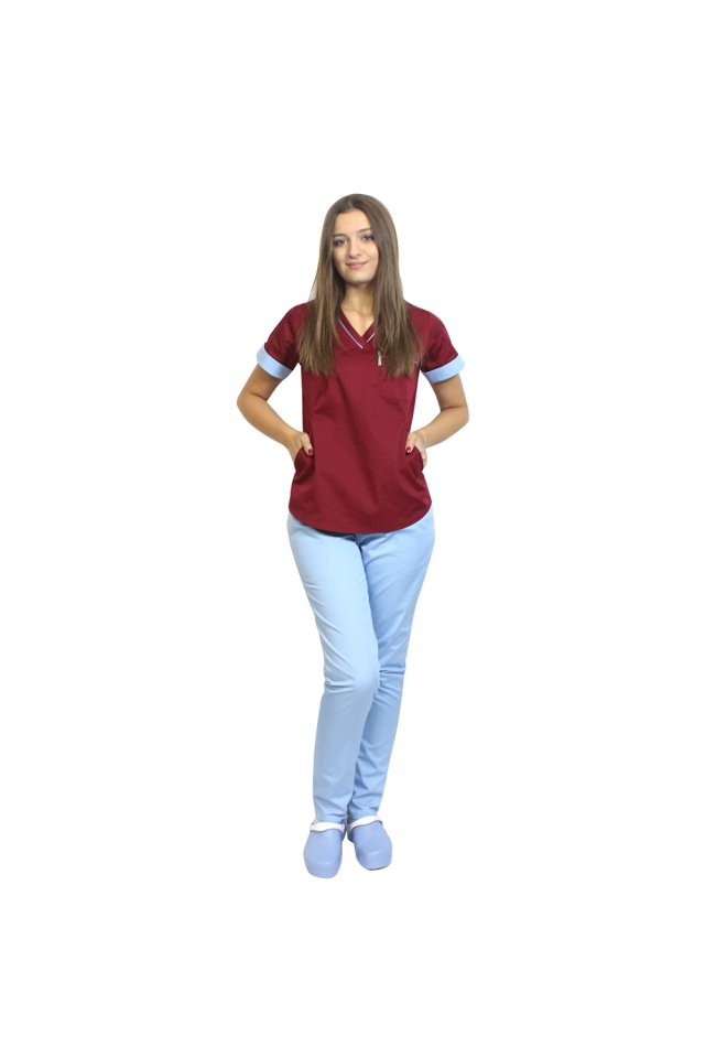 Medicinski kombinezon, sestavljen iz sive bluze z modrimi robovi in hlač, model Amani