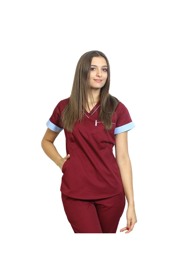 Medicinski kombinezon, sestavljen iz sive bluze z modrimi robovi in hlač, model Amani