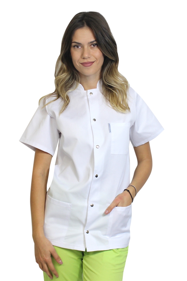 Bela zdravniška halja z ovratnikom tunike in tremi žepi 