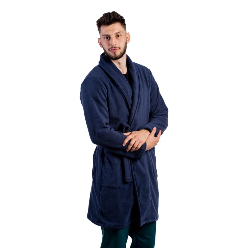 Mornarsko modra moška halja iz flisa z dvema žepoma in vrvico