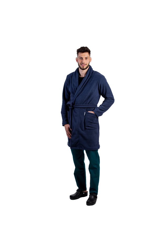 Mornarsko modra moška halja iz flisa z dvema žepoma in vrvico