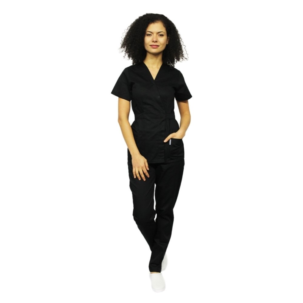 Črn medicinski kombinezon z bluzo tipa kimono in hlačami z elastiko