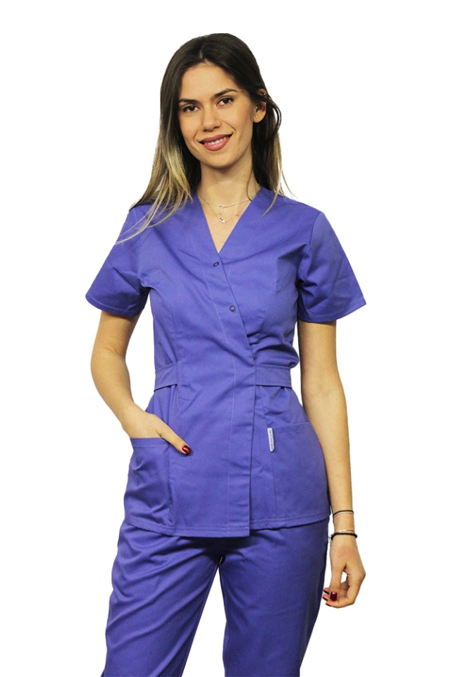 Vijoličen medicinski kombinezon, kimono bluza in hlače z elastiko