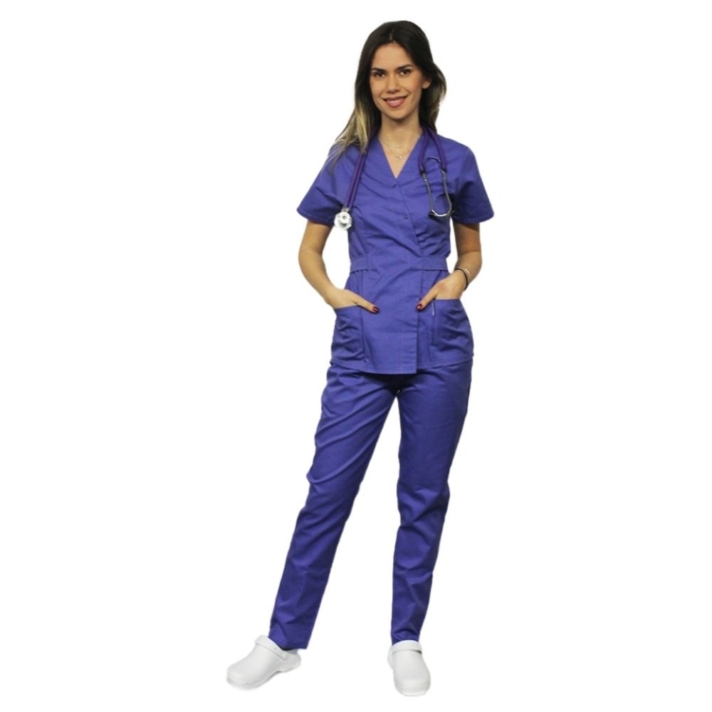 Vijoličen medicinski kombinezon, kimono bluza in hlače z elastiko