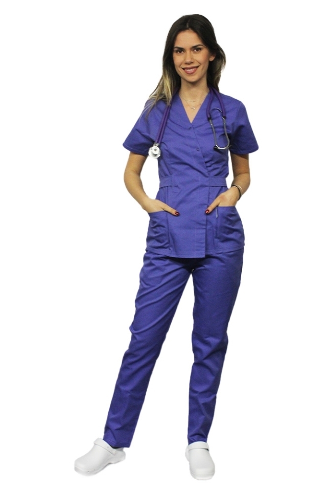 Vijoličen medicinski kombinezon, kimono bluza in hlače z elastiko