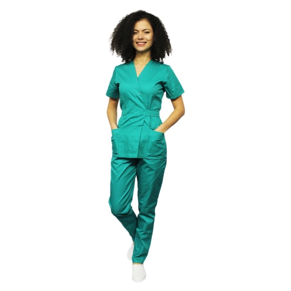 Kirurški zeleni medicinski kombinezon, kimono bluza in hlače z elastiko