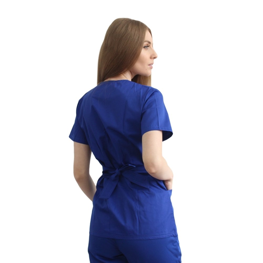 Modra medicinska obleka, kimono bluza in hlače z elastiko