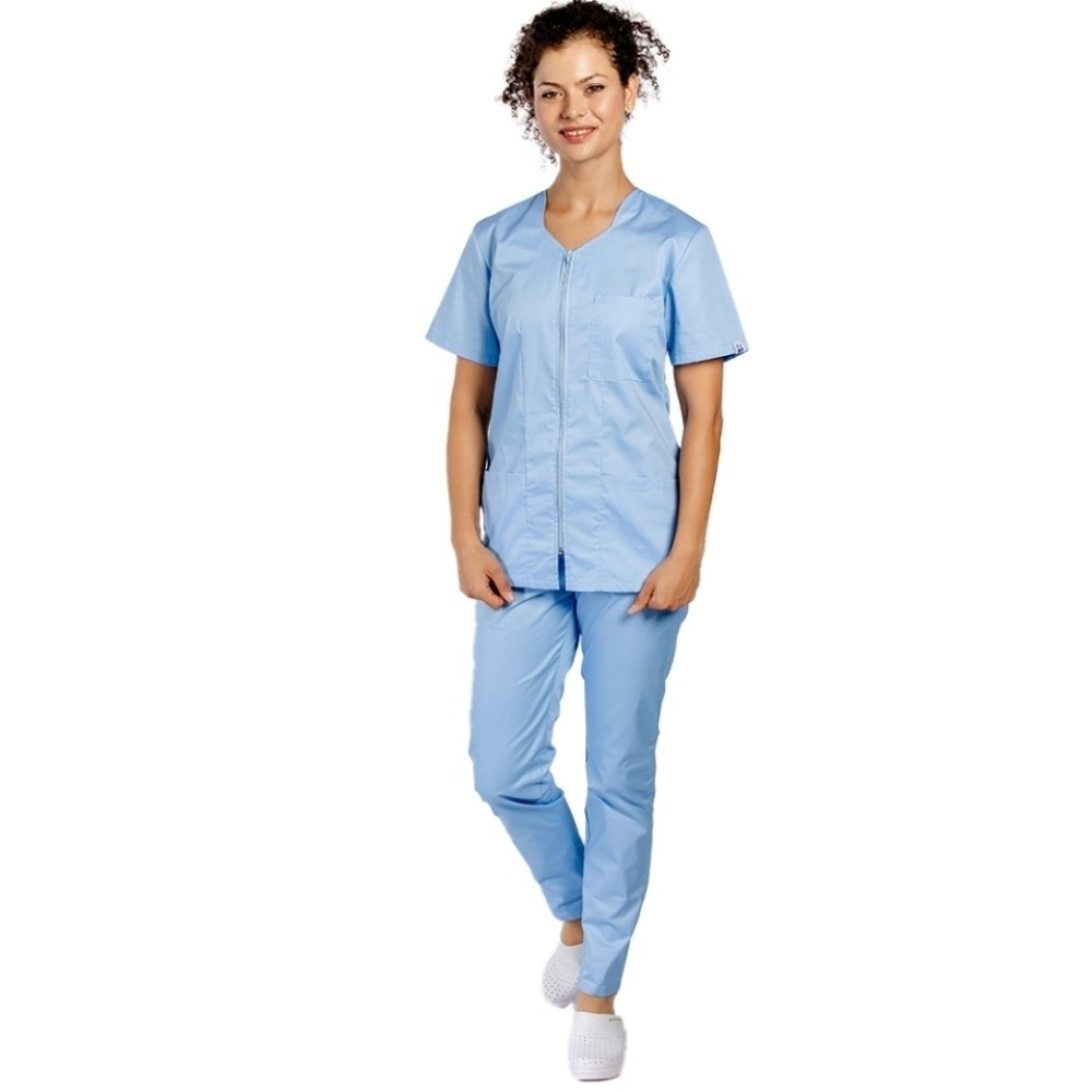 Modra medicinska obleka z elastanom, oprijeta bluza z zadrgo, trije našiti žepi in hlače z vrvico za zategovanje