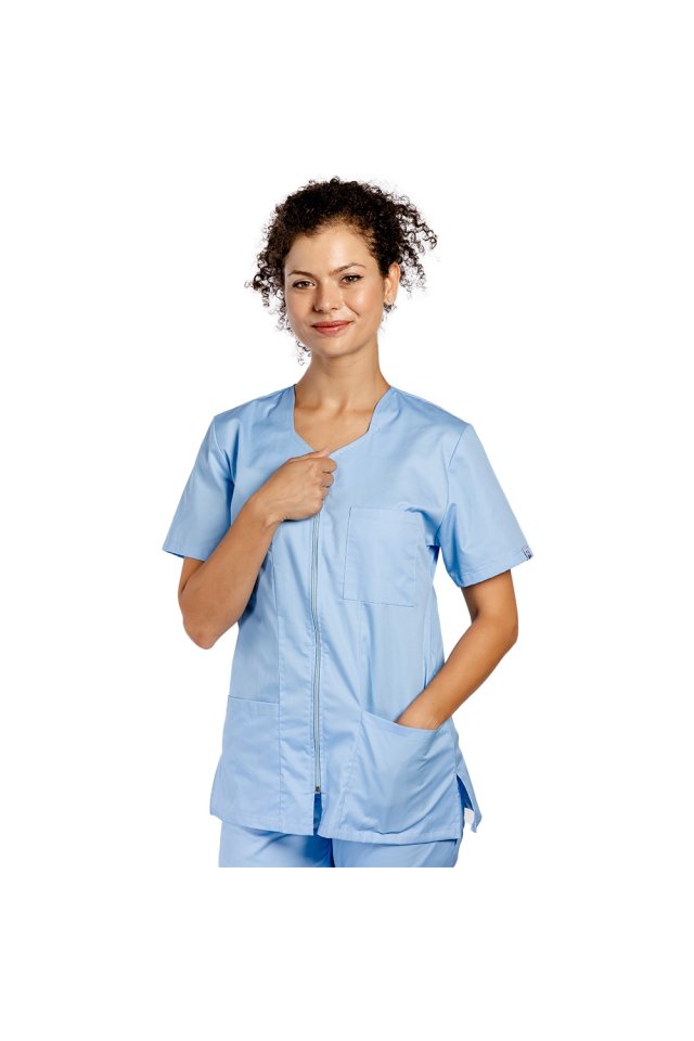 Modra medicinska obleka z elastanom, oprijeta bluza z zadrgo, trije našiti žepi in hlače z vrvico za zategovanje