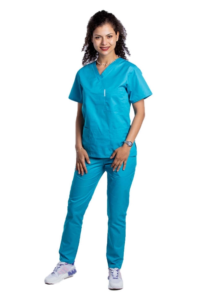 Turkizna medicinska halja z elastanom, ženska, z V-izrezom in tremi našitimi žepi