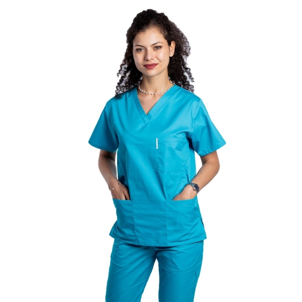Turkizna medicinska halja z elastanom, ženska, z V-izrezom in tremi našitimi žepi
