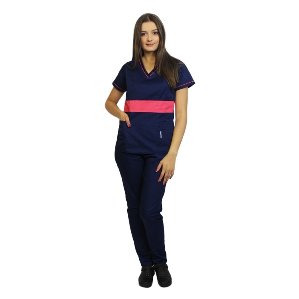 Mornarsko modra medicinska obleka s ciklama, model Sofia