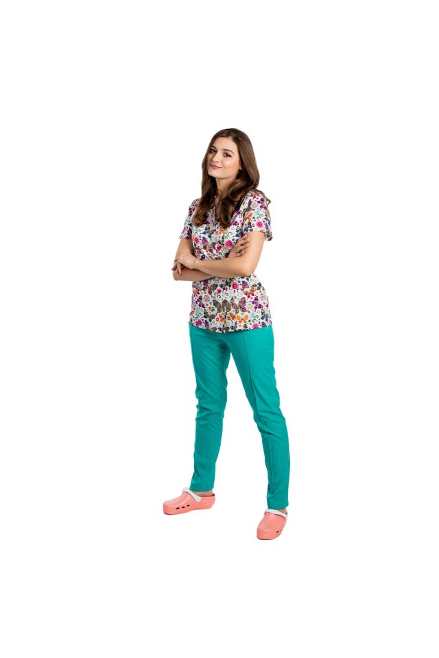 Fantasy raztegljiv kimono medicinski kombinezon s potiskano bluzo in zelene raztegljive hlače z vrvico in elastiko