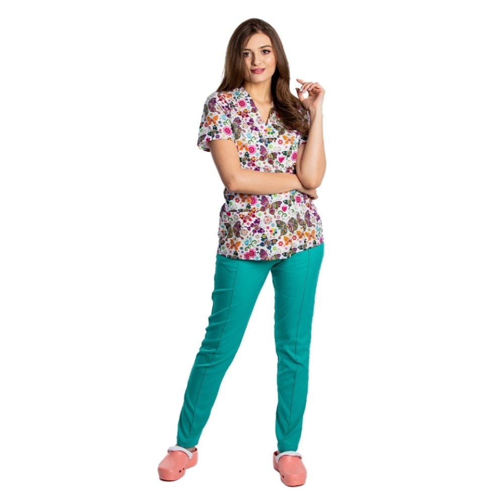 Fantasy raztegljiv kimono medicinski kombinezon s potiskano bluzo in zelene raztegljive hlače z vrvico in elastiko