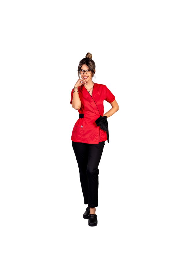 Rdeča kimono zdravniška halja s črnimi robovi in vrvico z metuljčkom