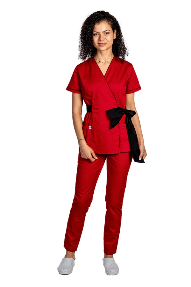 Rdeča kimono zdravniška halja s črnimi robovi in vrvico z metuljčkom