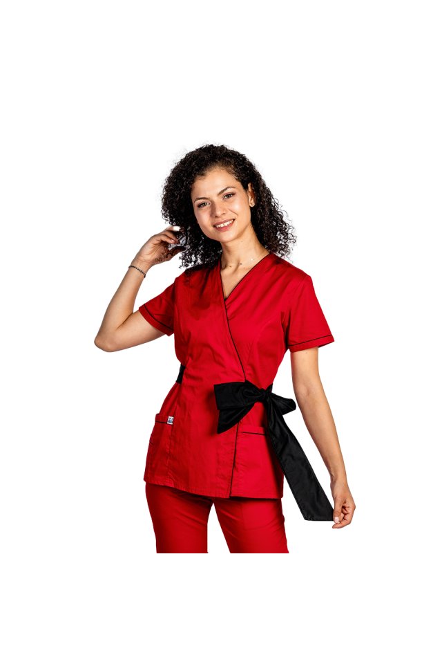 Rdeča kimono zdravniška halja s črnimi robovi in vrvico z metuljčkom