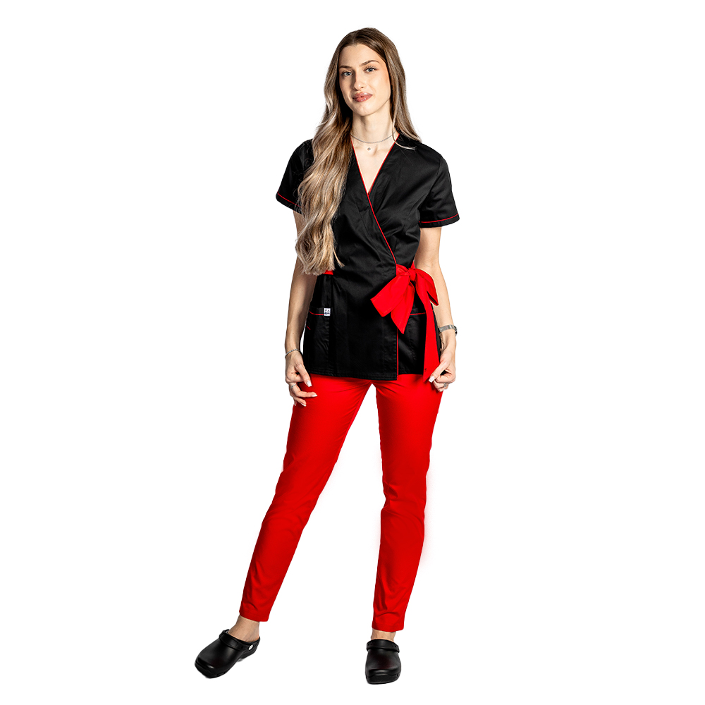 Črn kimono medicinski kombinezon z rdečimi pasovi in vrvico z metuljčkom 