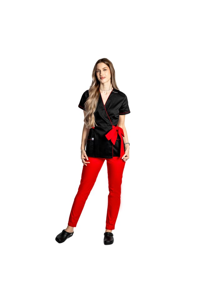 Črn kimono medicinski kombinezon z rdečimi pasovi in vrvico z metuljčkom 