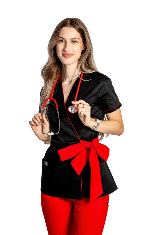 Črn kimono medicinski kombinezon z rdečimi pasovi in vrvico z metuljčkom 