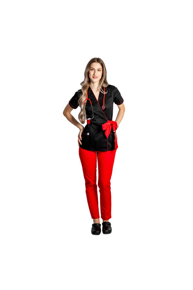 Črn kimono medicinski kombinezon z rdečimi pasovi in vrvico z metuljčkom 