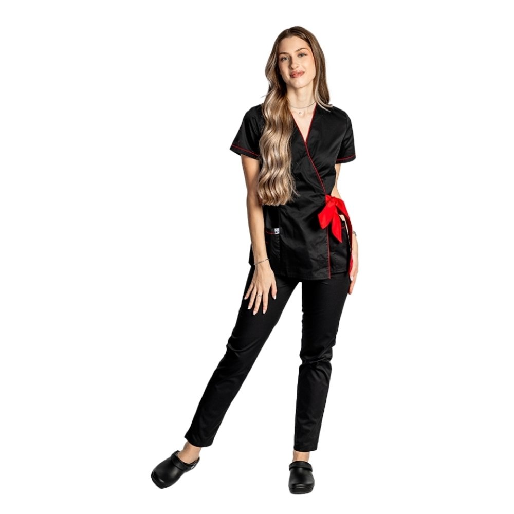 Črn kimono medicinski kombinezon z rdečimi pasovi in vrvico z metuljčkom 