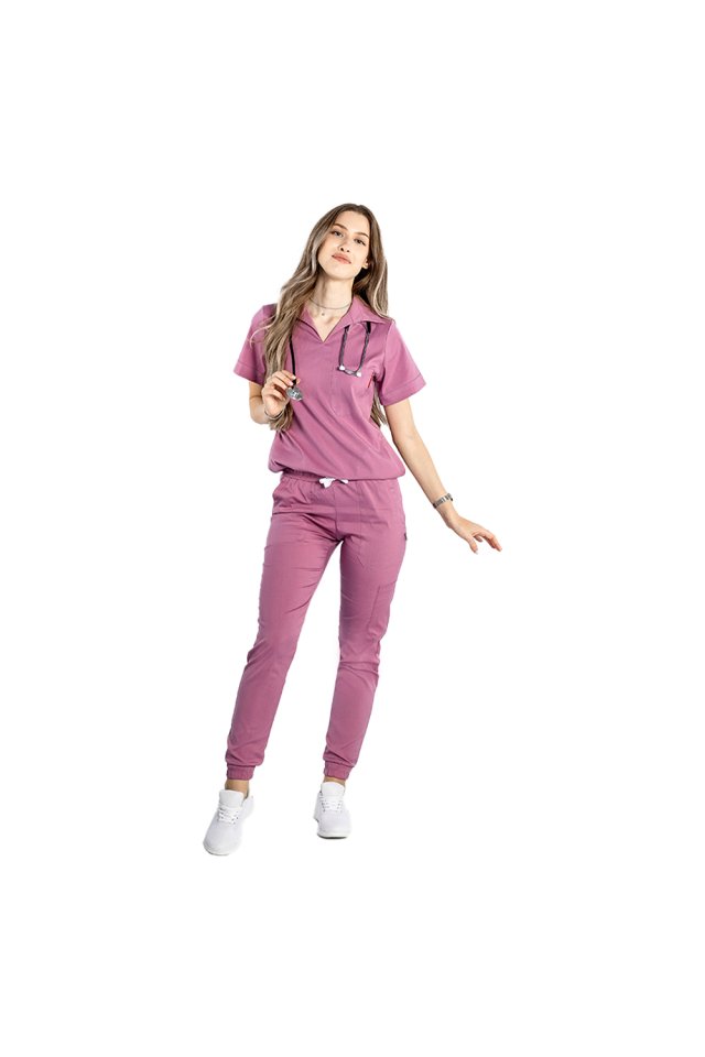 Pudrasto roza polo raztegljiva medicinska obleka, z V bluzo in jogger hlačami, z vrvico in elastiko