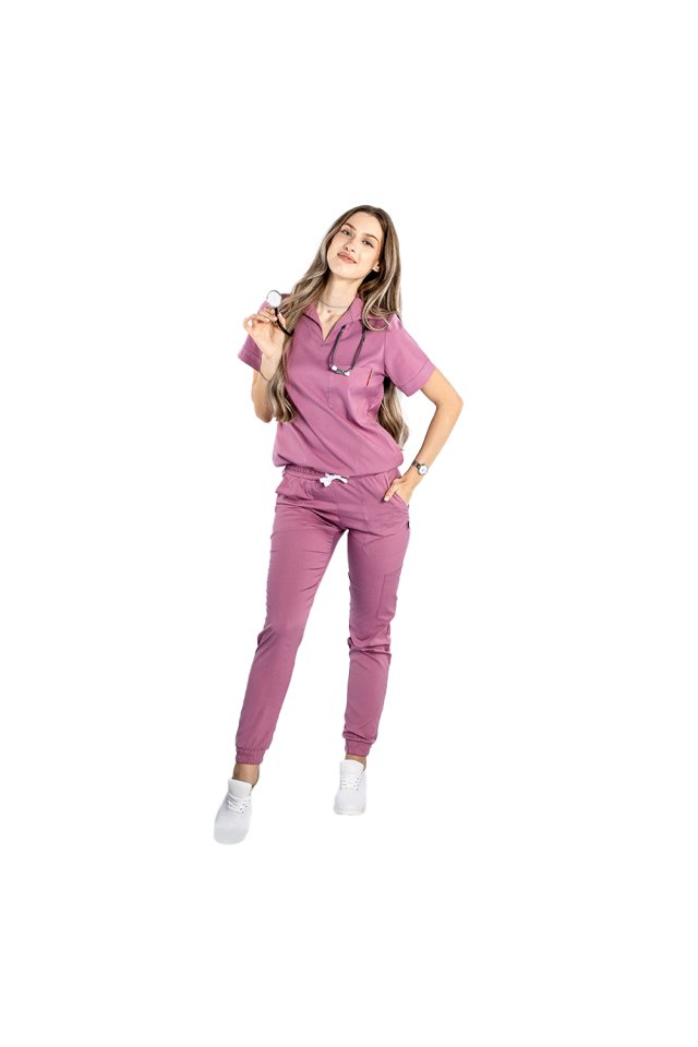 Pudrasto roza polo raztegljiva medicinska obleka, z V bluzo in jogger hlačami, z vrvico in elastiko