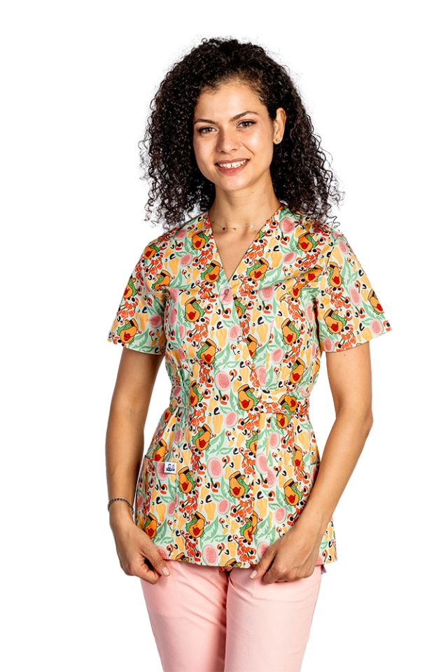 Yago kimono medicinski kombinezon, bluza s potiskom in hlače z elastiko